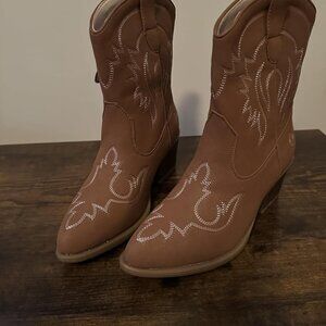🆕Women Brown Faux Leather Ankle Cowgirl Pull-On Pointed Toe Short Western Boots